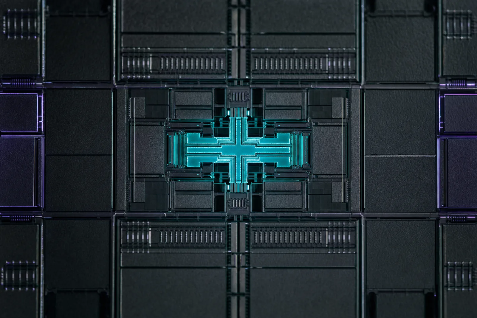 Macro view of a silicon die with a glowing admission-gate structure
