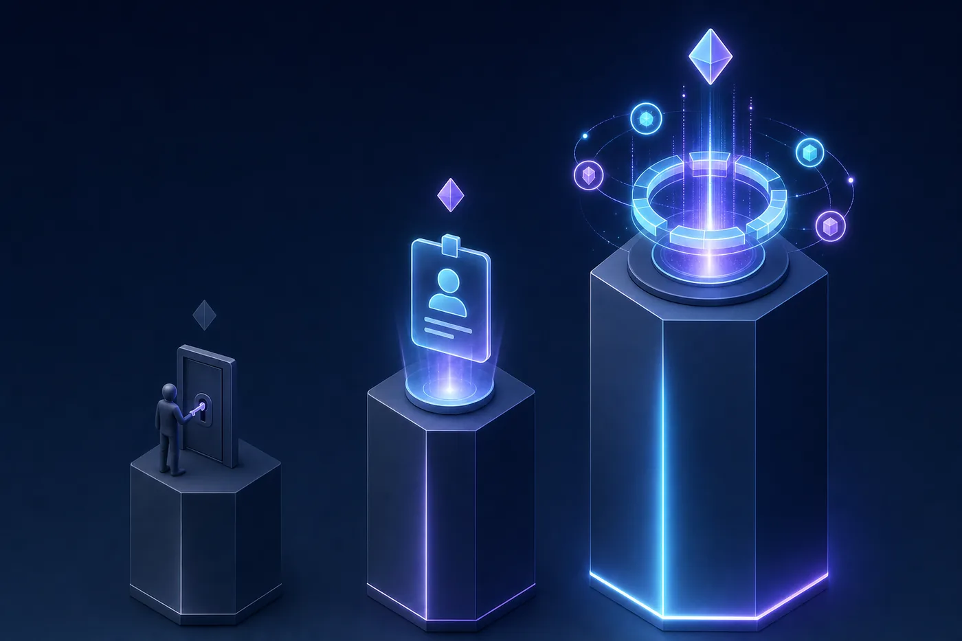 Infographic comparing a one-time key, an identity badge, and a continuously pulsing proof gate
