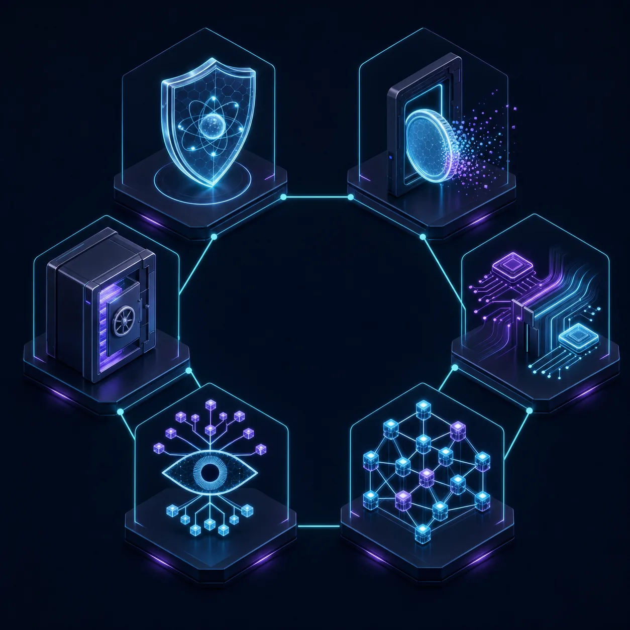 Infographic: six connected capability emblems including a quantum shield, single-use token, and photonic pathways