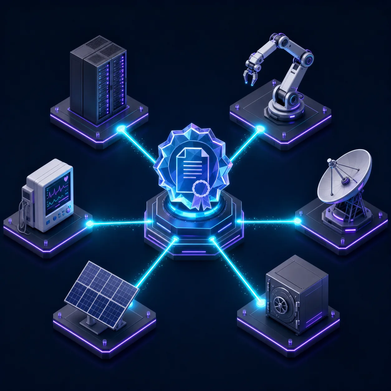 Infographic: six industry islands connected by licensing beams to a central patent seal