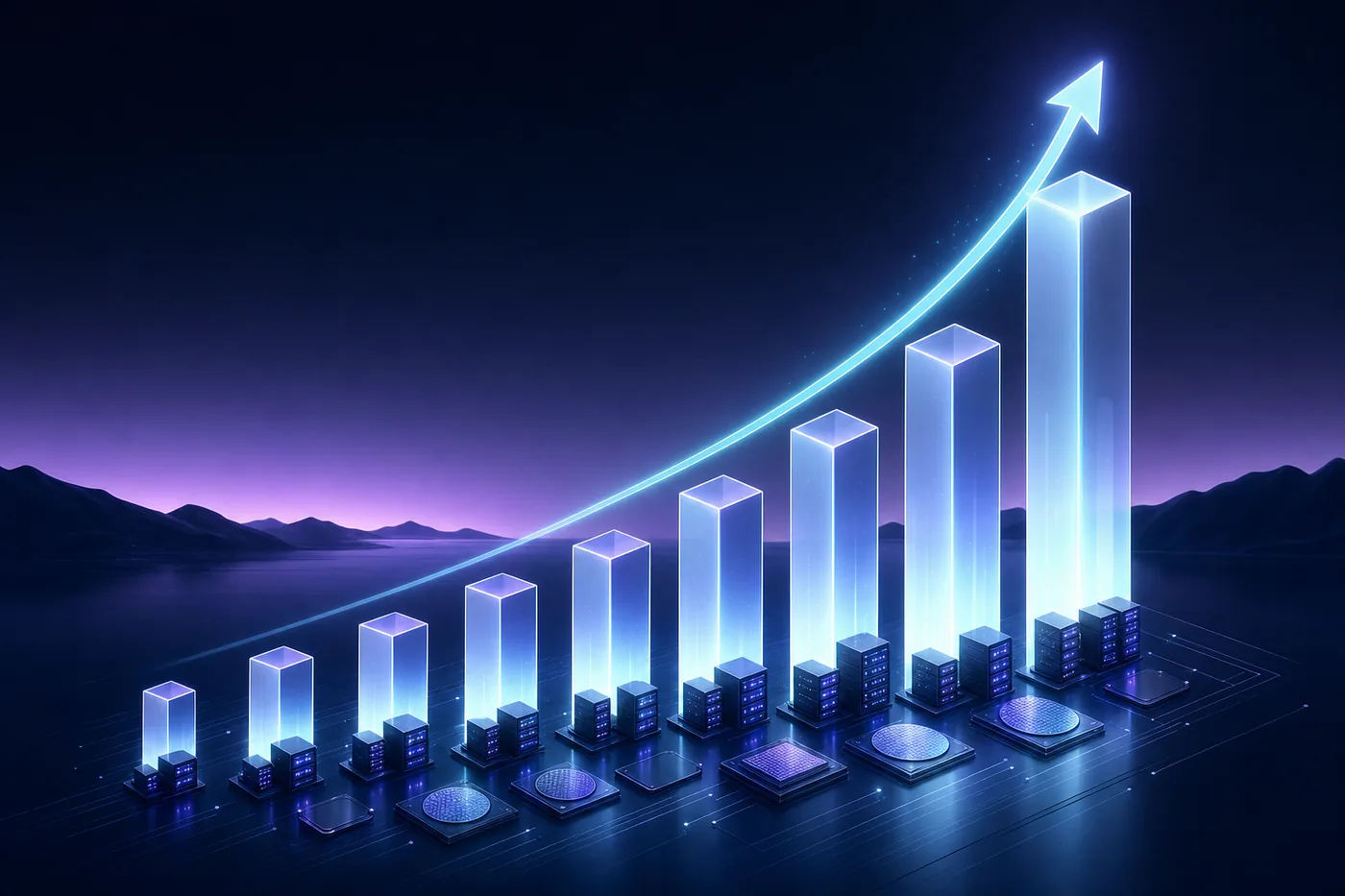 Infographic: ascending light columns rising over server racks and chip wafers