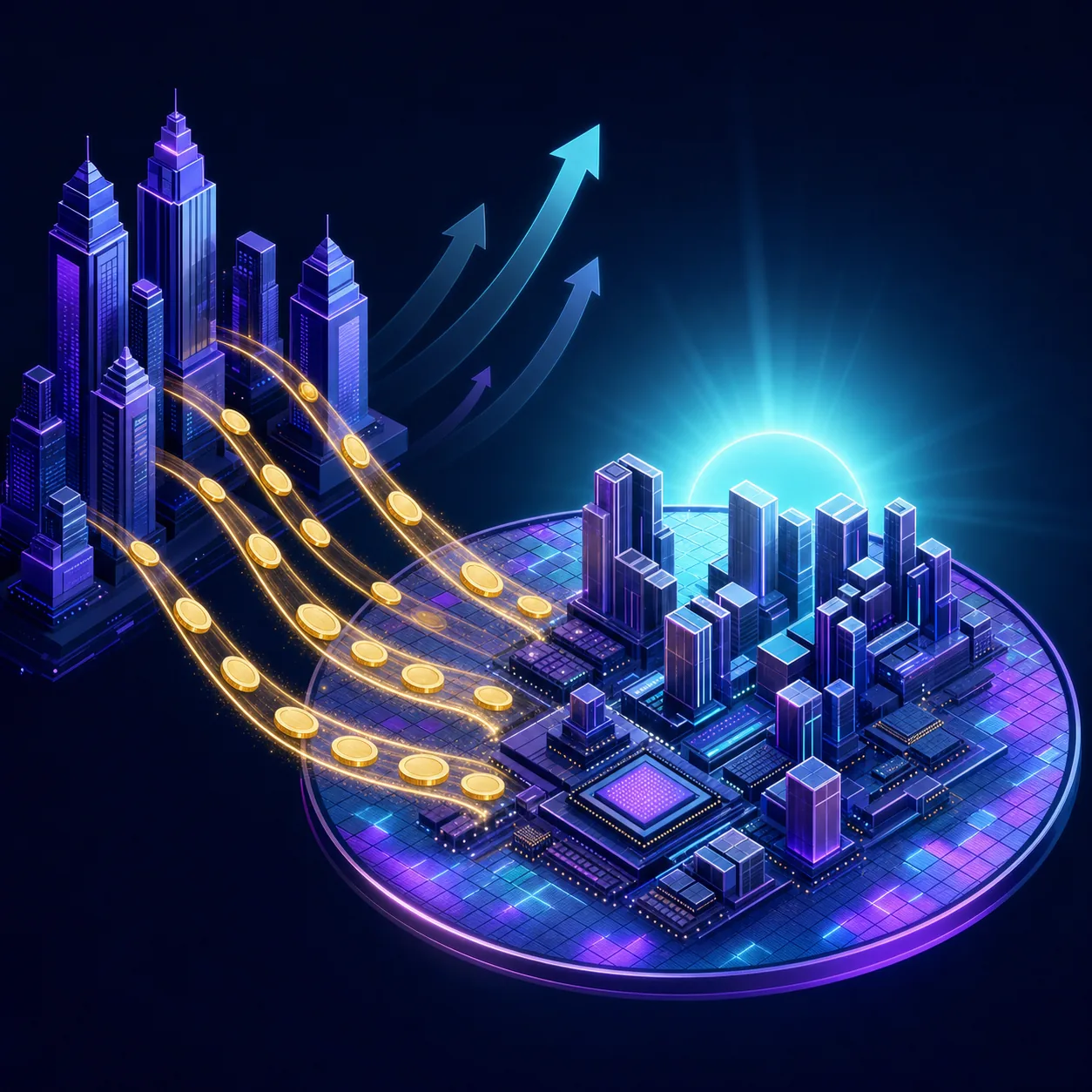 Infographic: capital streams flowing from towers into a photonic wafer skyline