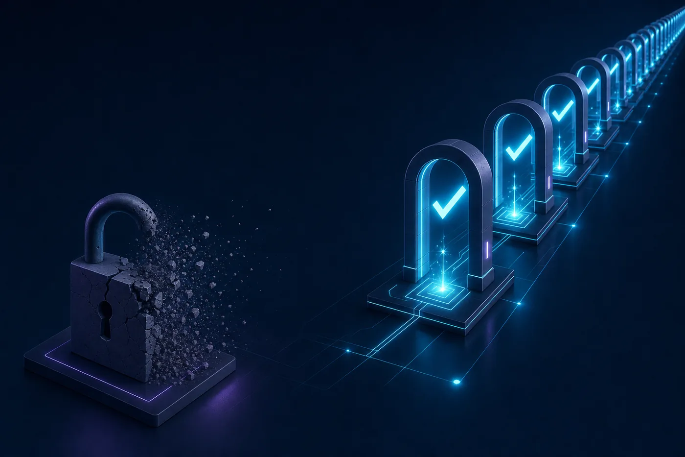 Infographic: a crumbling one-time padlock versus an endless row of glowing verification gates